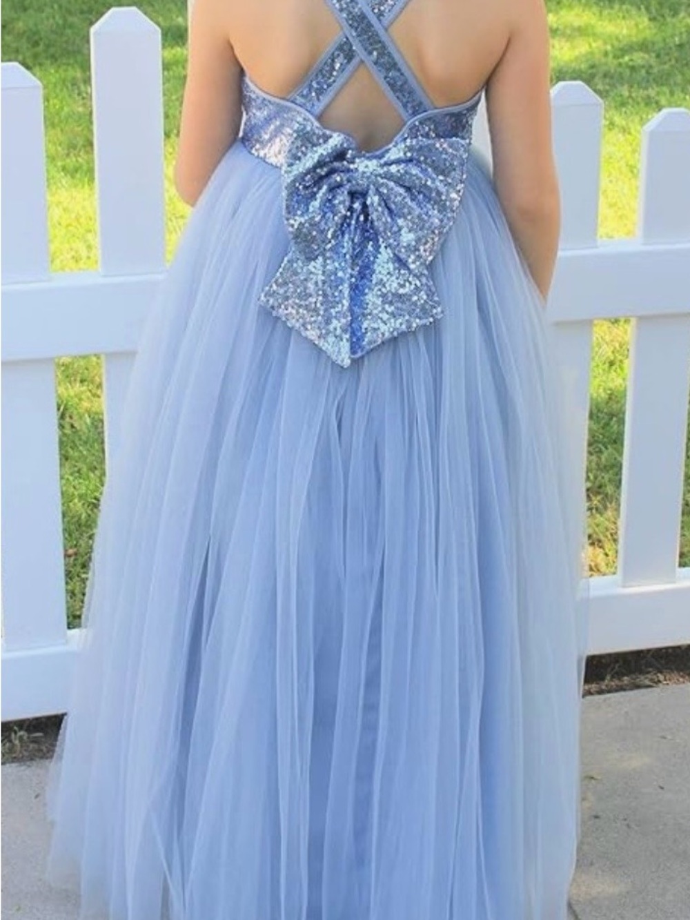 Girls Blue Tulle Sequin Bow Back Dress - Kids Dresses